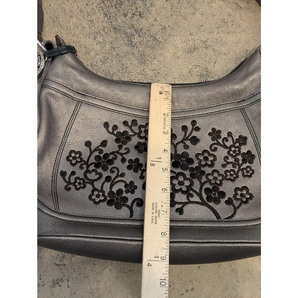 Brighton Handbag Embroidered Flowers Leather Metallic Pewter w/ Tassel Purse HTF